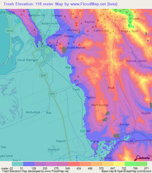 Tresh,Albania Elevation Map