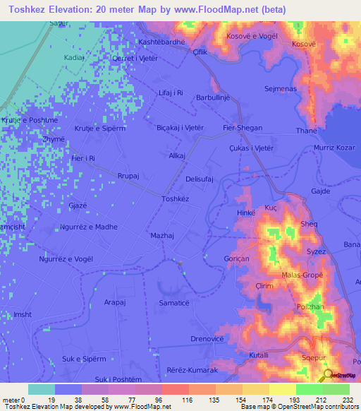 Toshkez,Albania Elevation Map