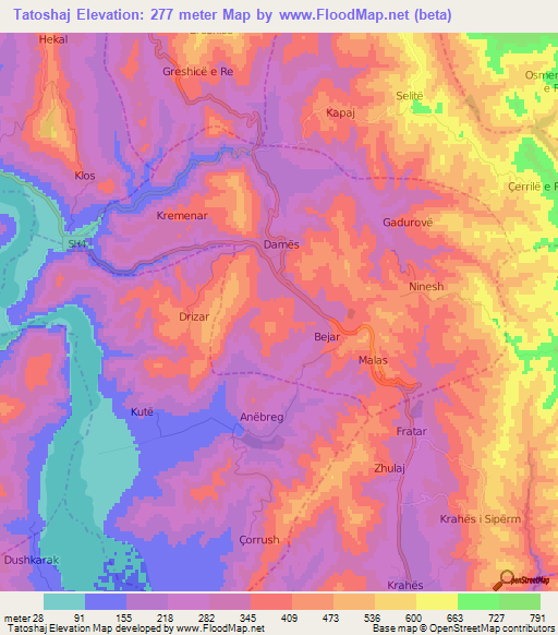 Tatoshaj,Albania Elevation Map