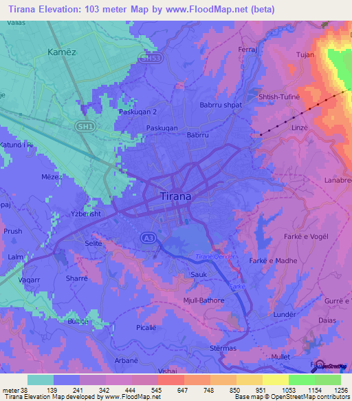 Tirana,Albania Elevation Map