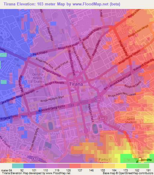 Tirana,Albania Elevation Map