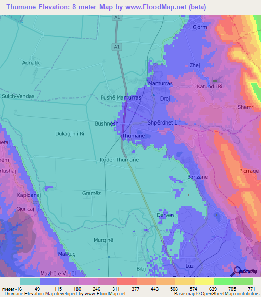 Thumane,Albania Elevation Map