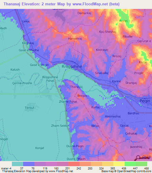 Thanasaj,Albania Elevation Map