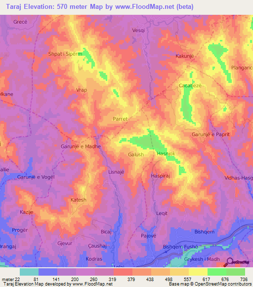 Taraj,Albania Elevation Map