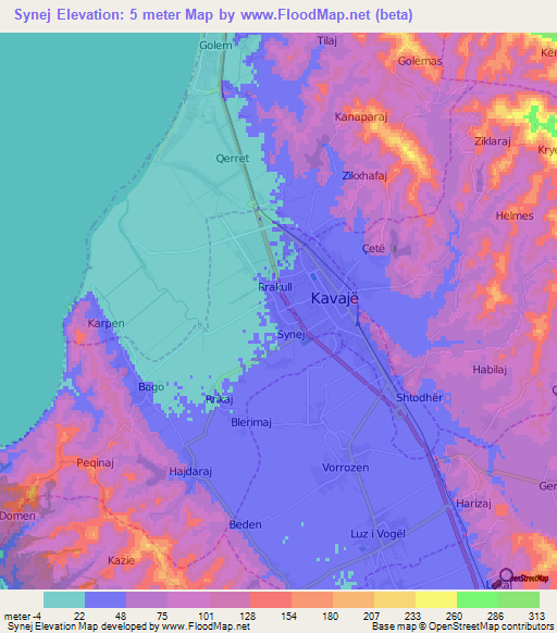 Synej,Albania Elevation Map