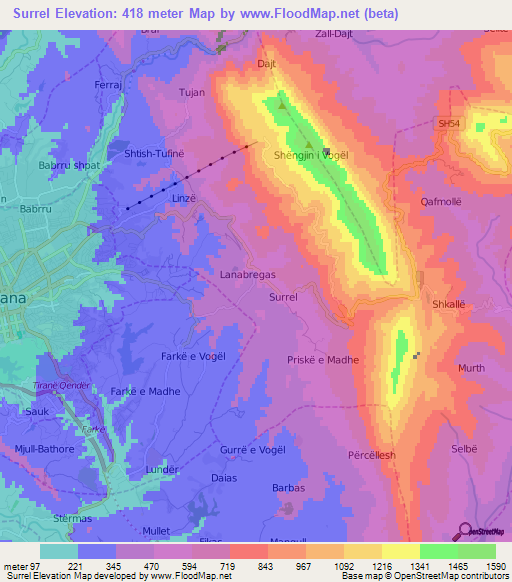 Surrel,Albania Elevation Map