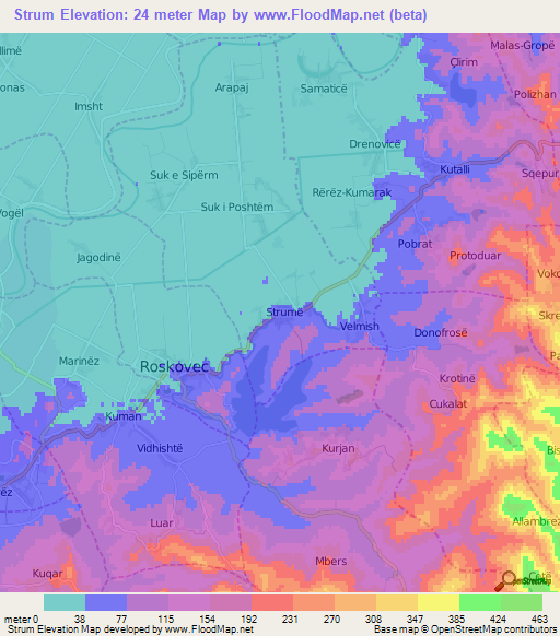 Strum,Albania Elevation Map
