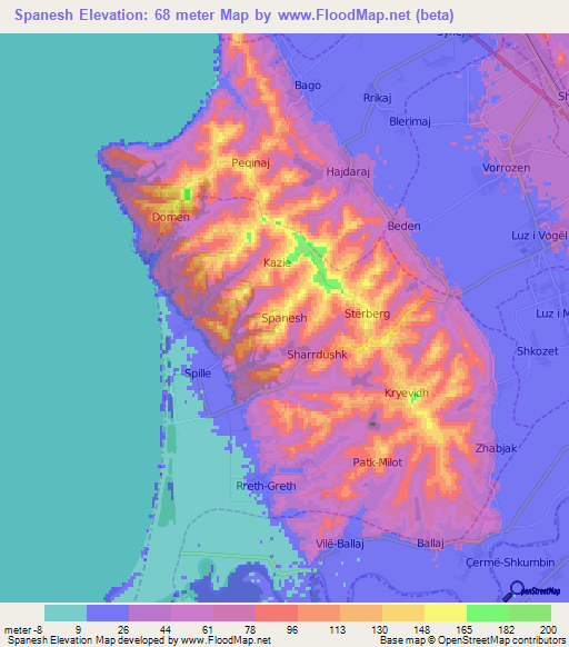 Spanesh,Albania Elevation Map