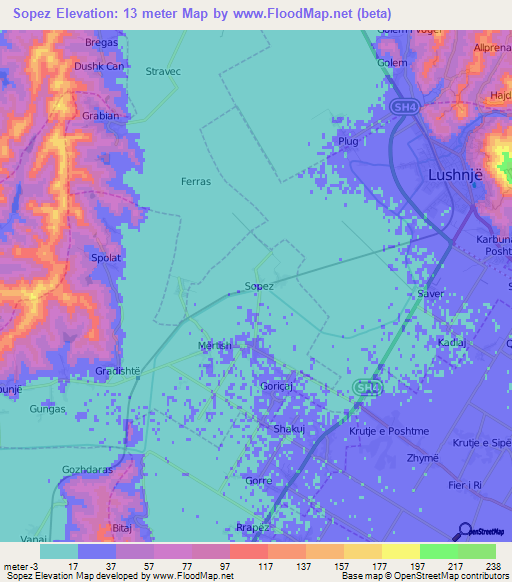 Sopez,Albania Elevation Map