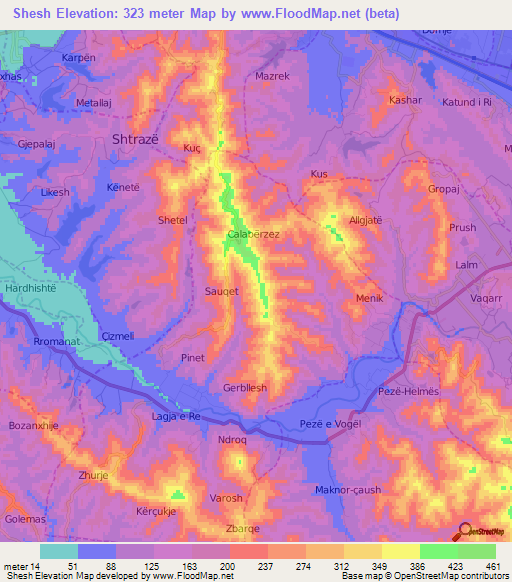 Shesh,Albania Elevation Map