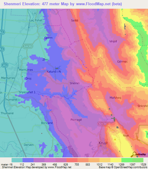 Shenmeri,Albania Elevation Map