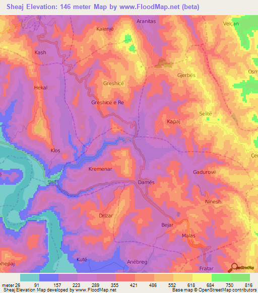 Sheaj,Albania Elevation Map