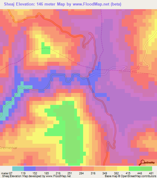 Sheaj,Albania Elevation Map