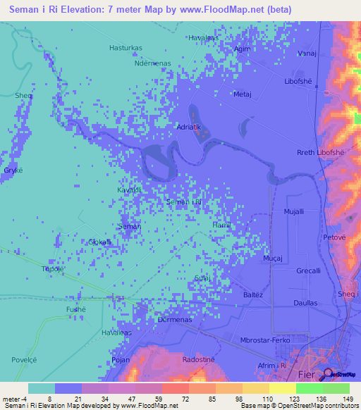Seman i Ri,Albania Elevation Map