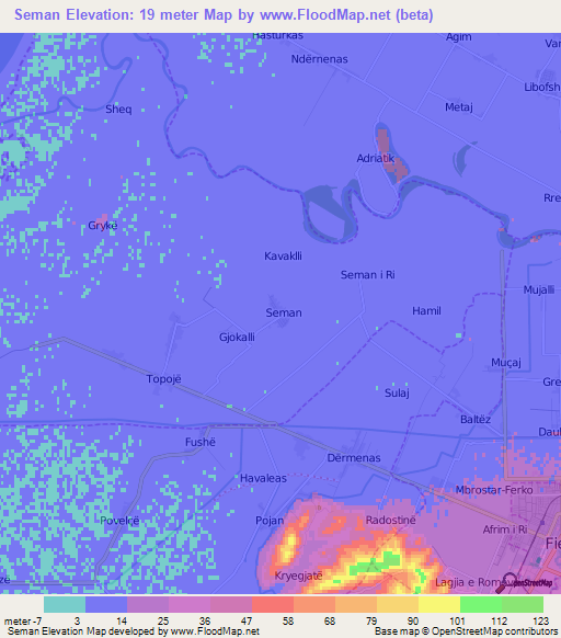 Seman,Albania Elevation Map