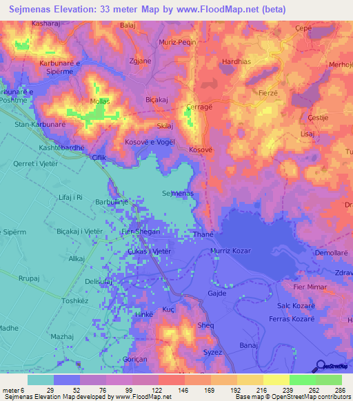 Sejmenas,Albania Elevation Map