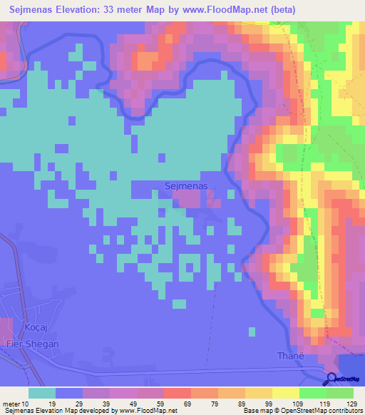 Sejmenas,Albania Elevation Map