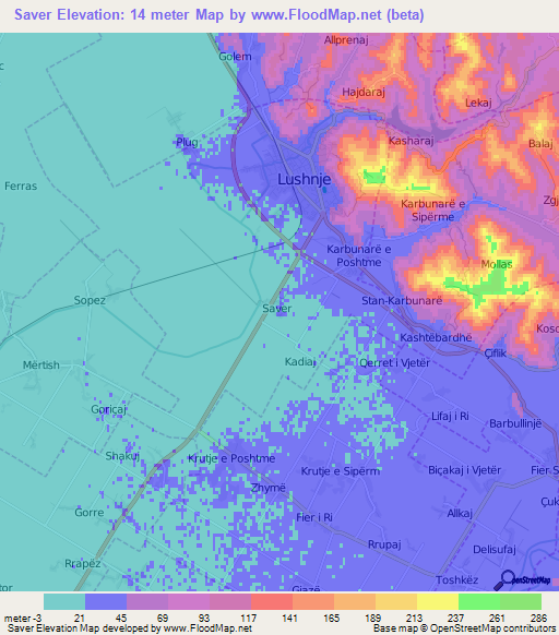 Saver,Albania Elevation Map