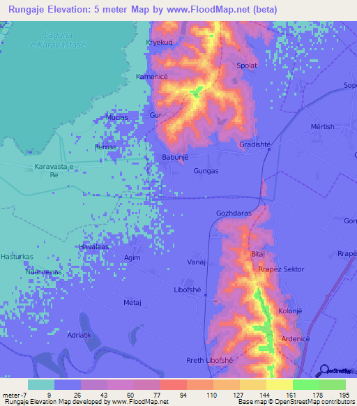 Rungaje,Albania Elevation Map