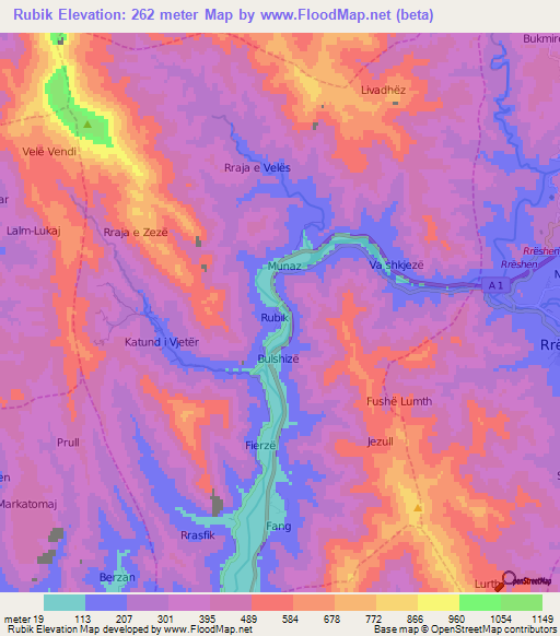 Rubik,Albania Elevation Map