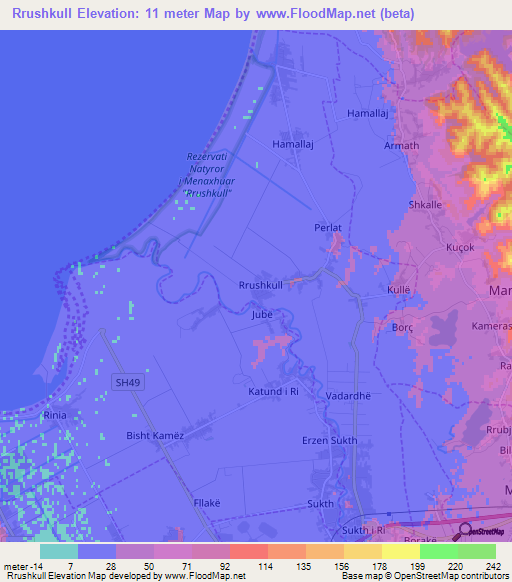 Rrushkull,Albania Elevation Map