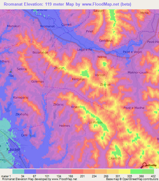 Rromanat,Albania Elevation Map