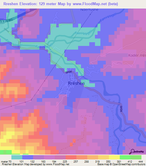 Rreshen,Albania Elevation Map