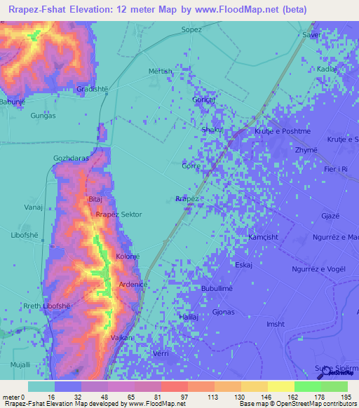 Rrapez-Fshat,Albania Elevation Map