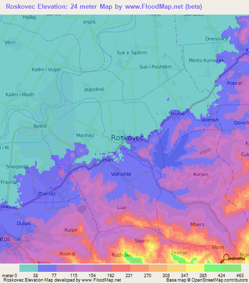 Roskovec,Albania Elevation Map