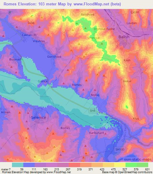 Romes,Albania Elevation Map