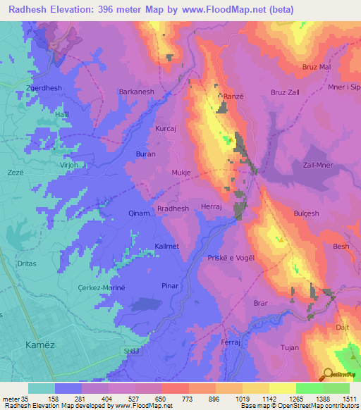 Radhesh,Albania Elevation Map