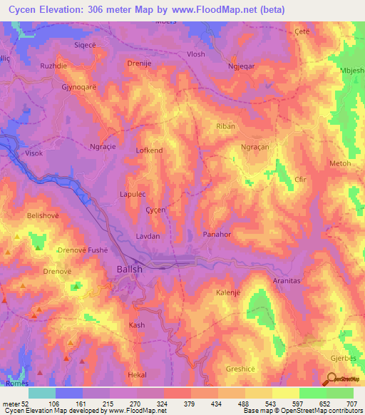 Cycen,Albania Elevation Map