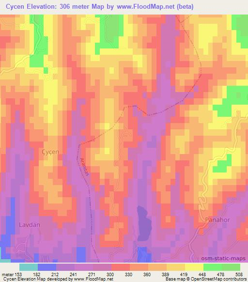 Cycen,Albania Elevation Map