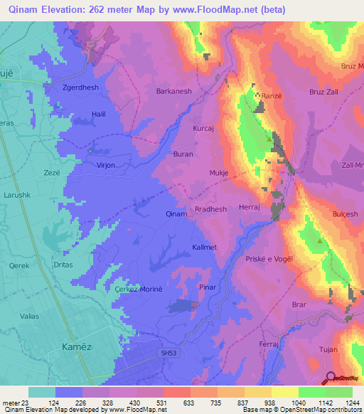 Qinam,Albania Elevation Map