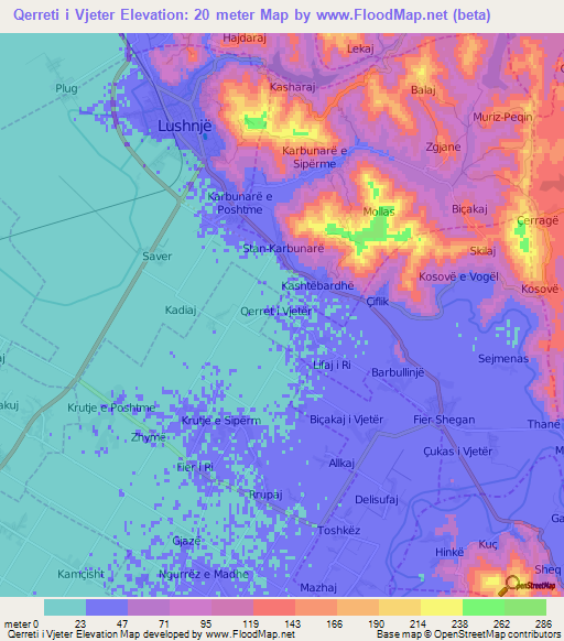 Qerreti i Vjeter,Albania Elevation Map