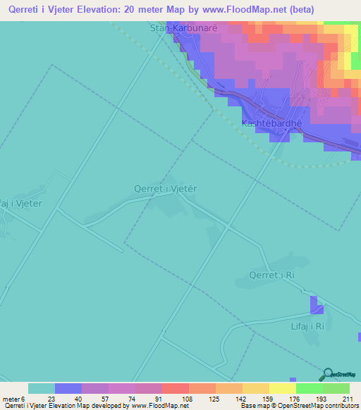 Qerreti i Vjeter,Albania Elevation Map