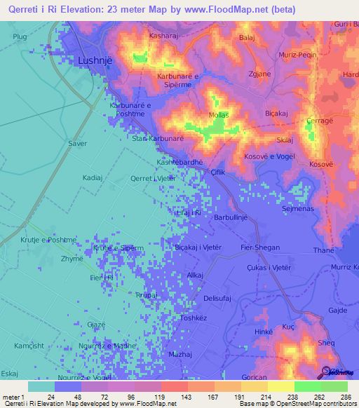 Qerreti i Ri,Albania Elevation Map