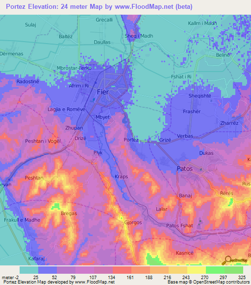 Portez,Albania Elevation Map