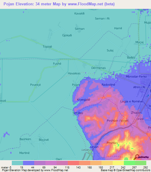 Pojan,Albania Elevation Map