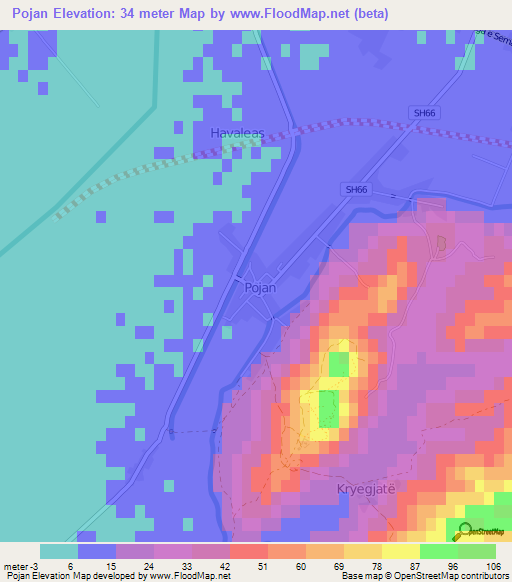 Pojan,Albania Elevation Map