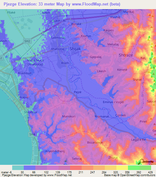 Pjezge,Albania Elevation Map