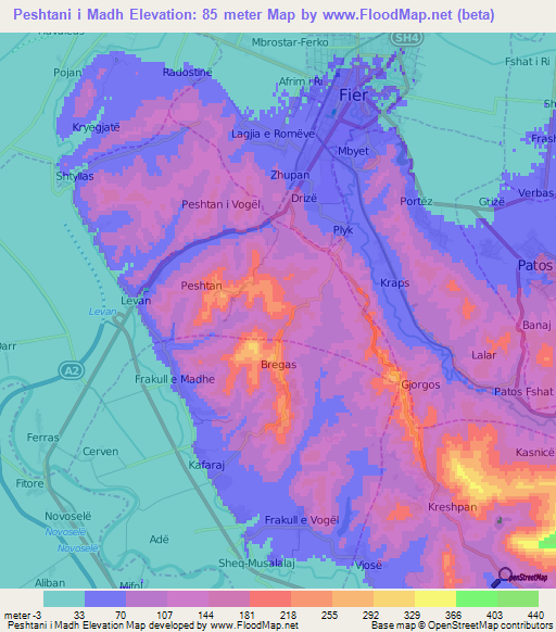 Peshtani i Madh,Albania Elevation Map