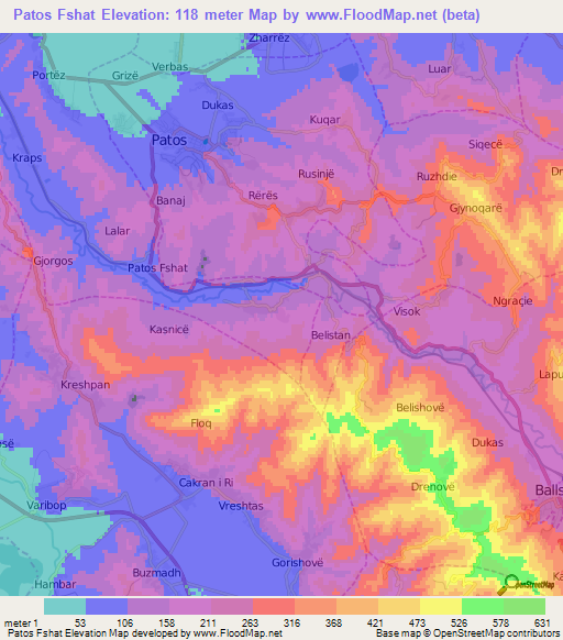 Patos Fshat,Albania Elevation Map