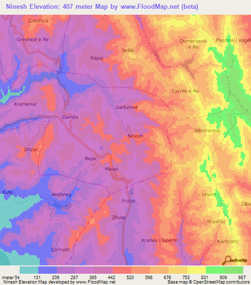 Ninesh,Albania Elevation Map