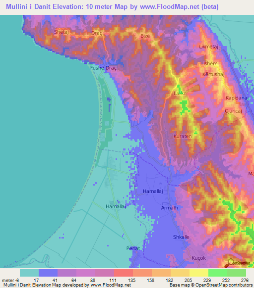 Mullini i Danit,Albania Elevation Map