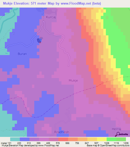 Mukje,Albania Elevation Map