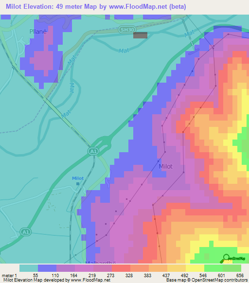 Milot,Albania Elevation Map