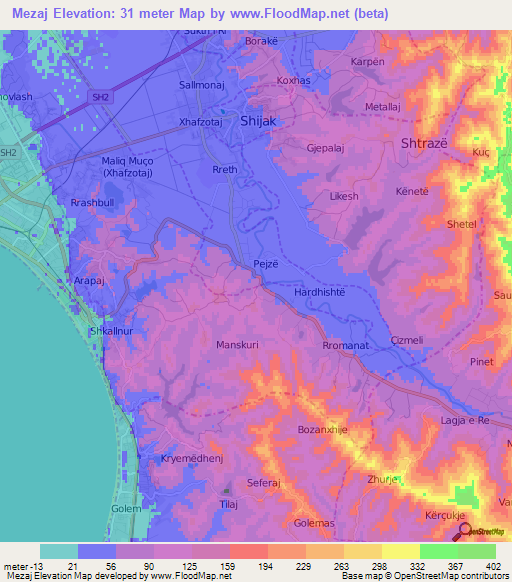 Mezaj,Albania Elevation Map