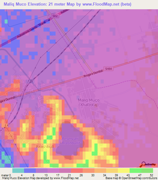 Maliq Muco,Albania Elevation Map