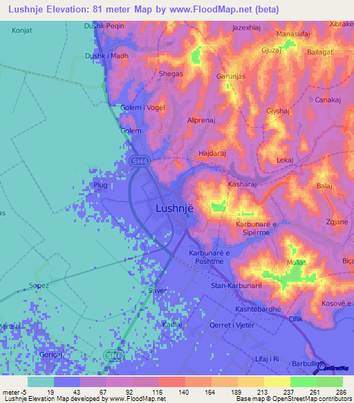 Lushnje,Albania Elevation Map